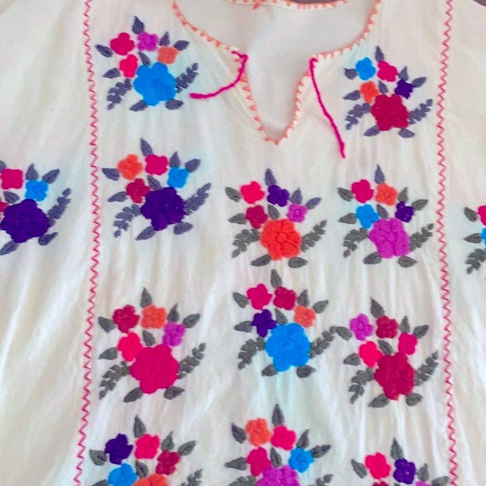 Huipil Embroidered Mexican floral Handcrafted Cream bohemian Blouse
